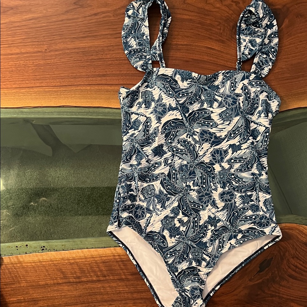 Blue Floral One-Piece Swimsuit with Skirt Coverup.